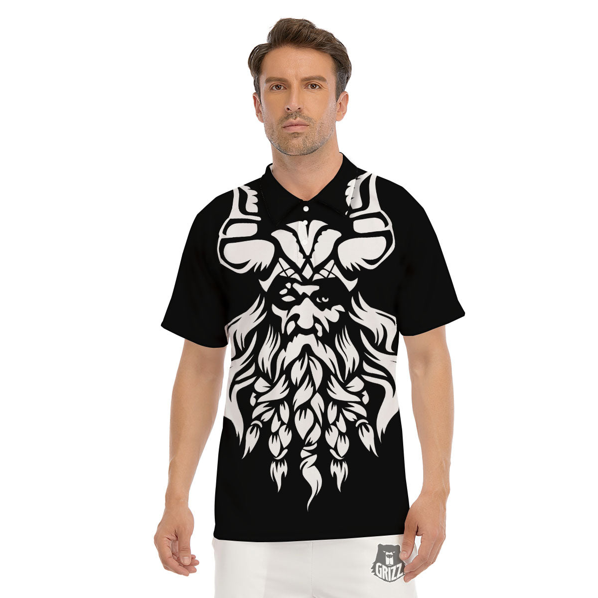 Viking God Odin White And Black Print Men's Golf Shirts-grizzshop