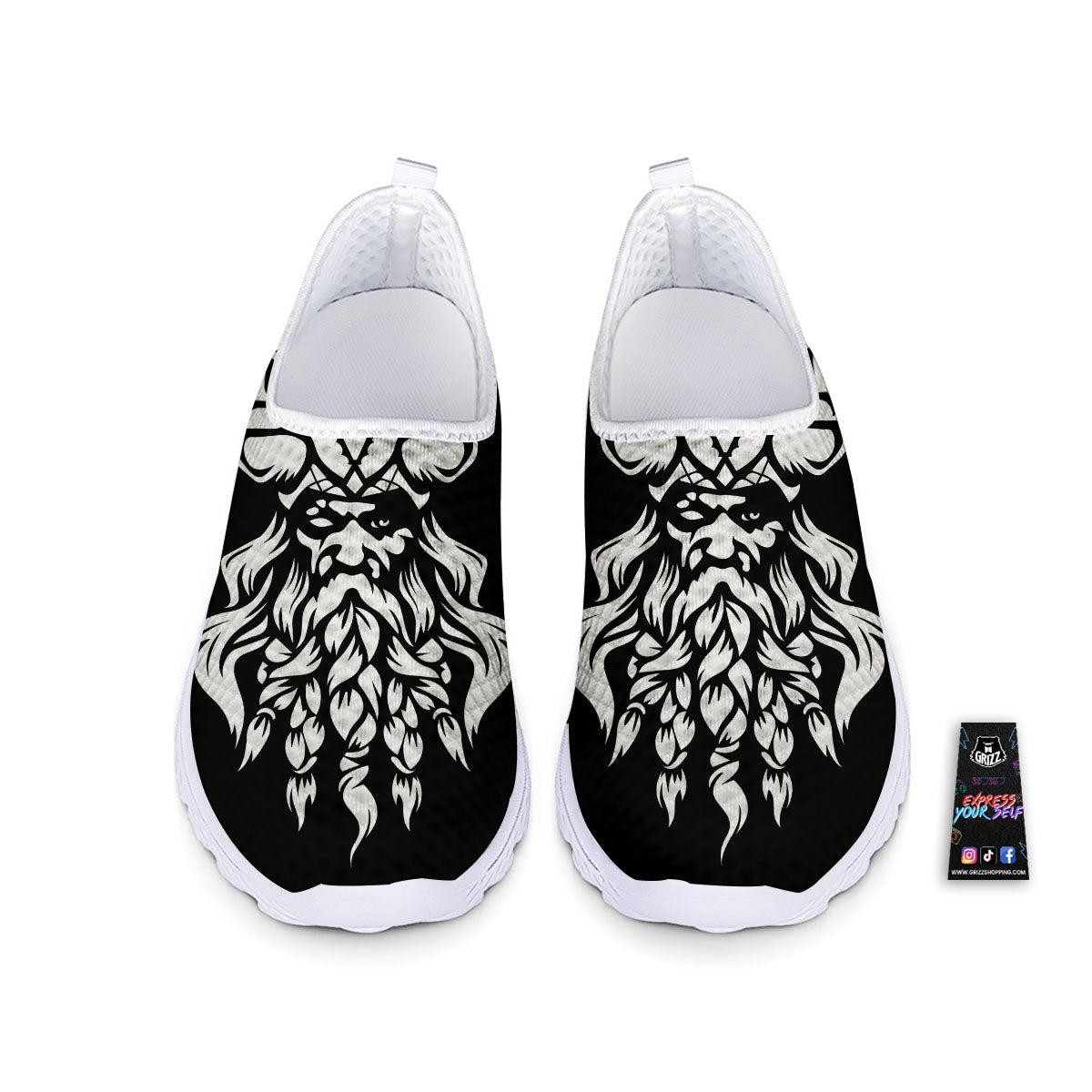 Viking God Odin White And Black Print Nurse Shoes-grizzshop