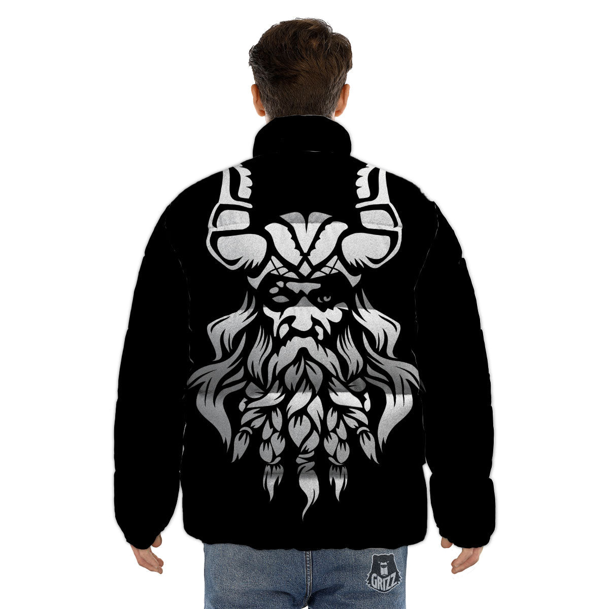 Viking God Odin White And Black Print Puffer Jacket-grizzshop