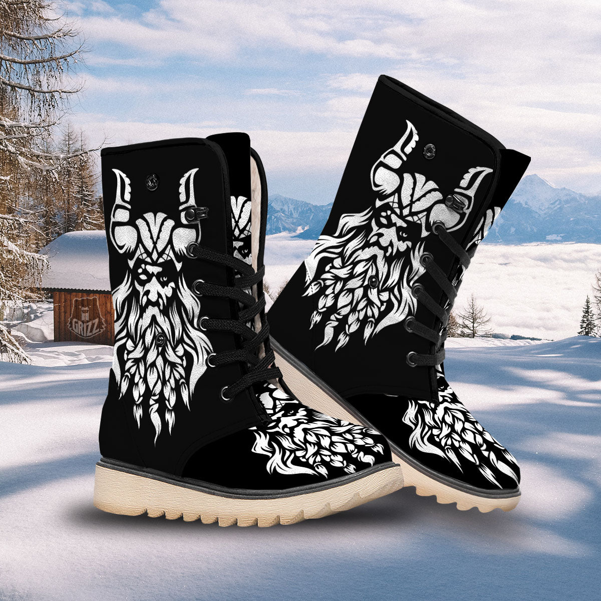 Viking God Odin White And Black Print Snow Boots-grizzshop