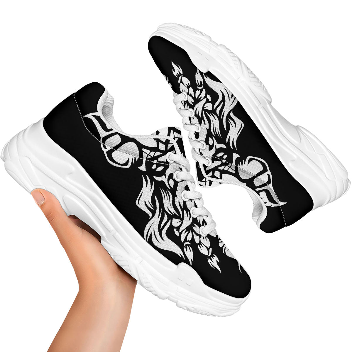 Viking God Odin White And Black Print White Chunky Shoes-grizzshop