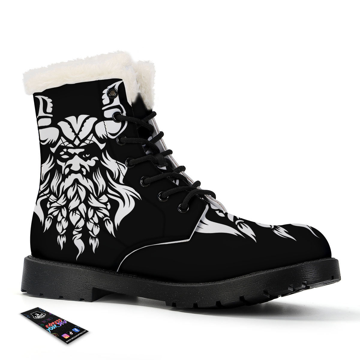 Viking God Odin White And Black Print Winter Boots-grizzshop