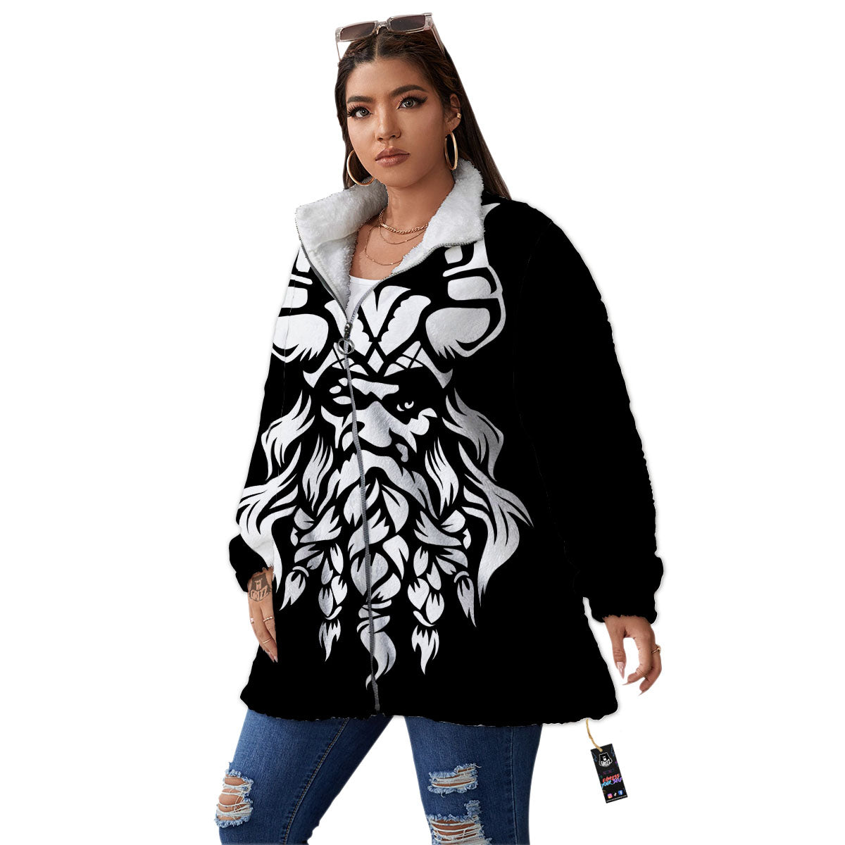Viking God Odin White And Black Print Women's Sherpa Jacket-grizzshop