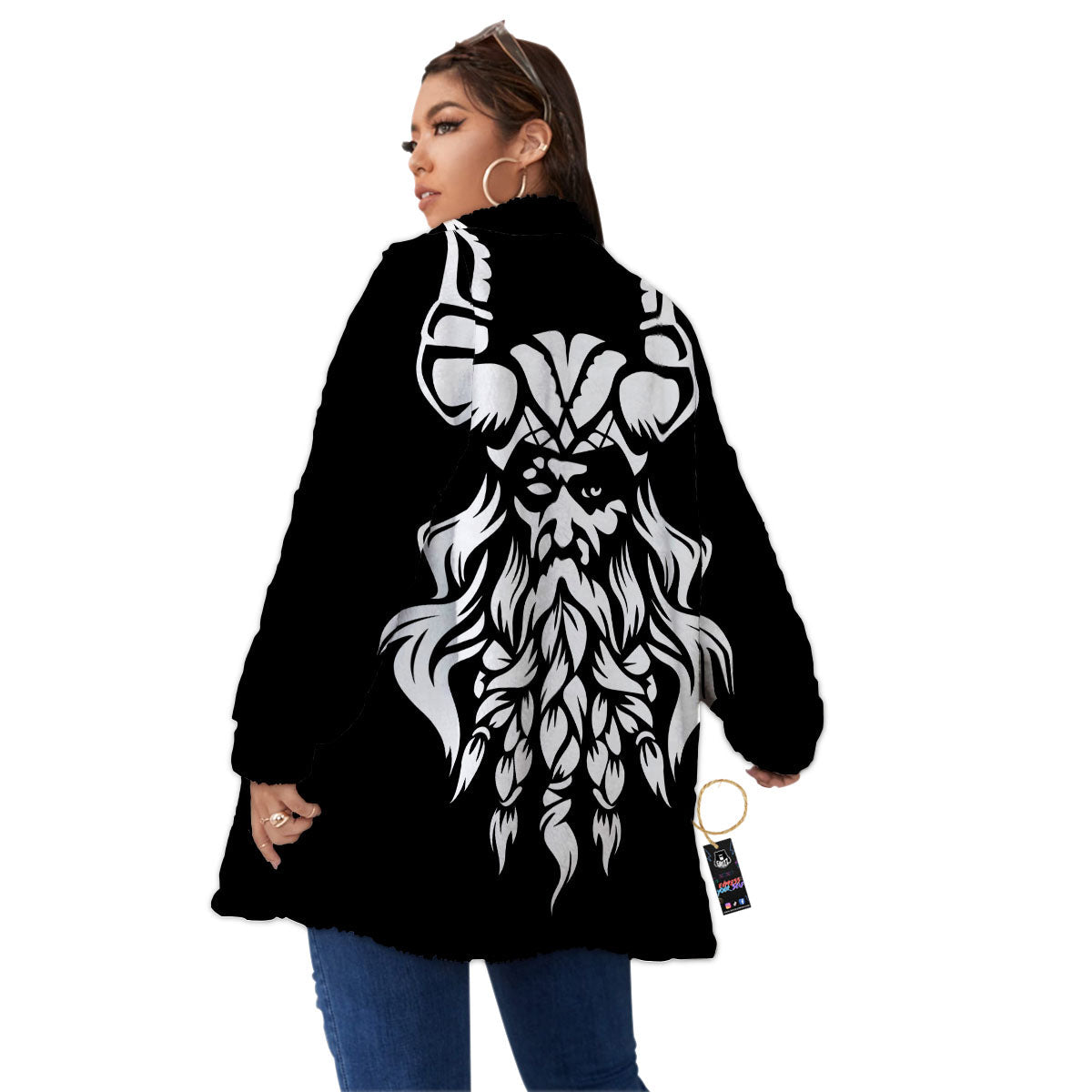 Viking God Odin White And Black Print Women's Sherpa Jacket-grizzshop