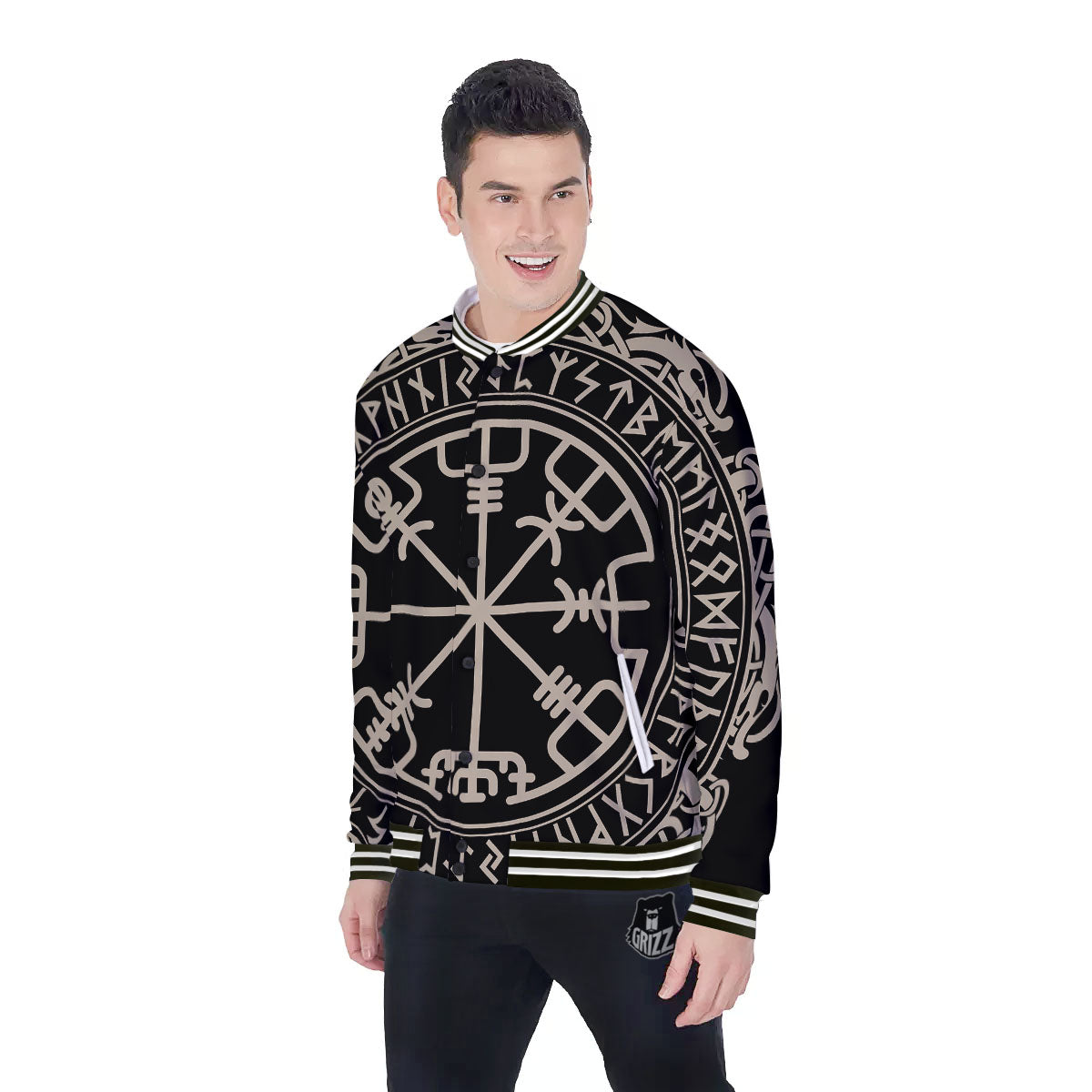 Viking Helm Of Terror Scandinavian Print Baseball Jacket-grizzshop