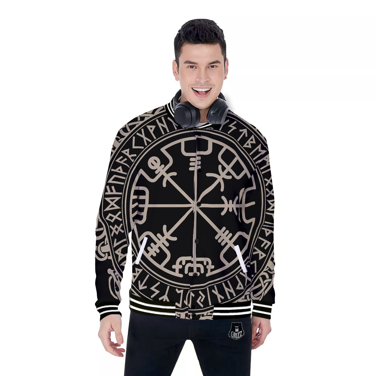 Viking Helm Of Terror Scandinavian Print Baseball Jacket-grizzshop