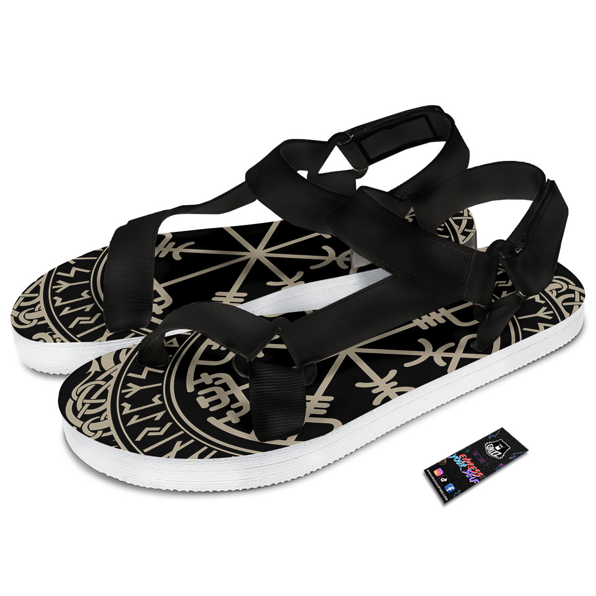 Viking Helm Of Terror Scandinavian Print Black Open Toe Sandals-grizzshop