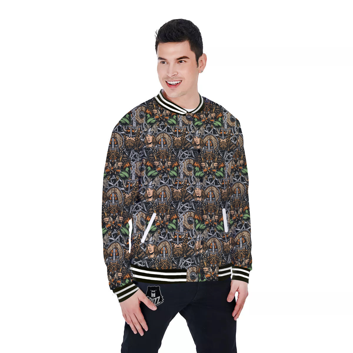 Viking Nordic Warriors Print Pattern Baseball Jacket-grizzshop