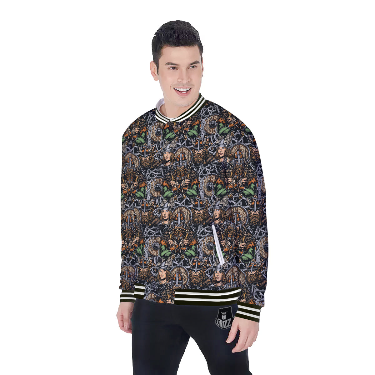 Viking Nordic Warriors Print Pattern Baseball Jacket-grizzshop