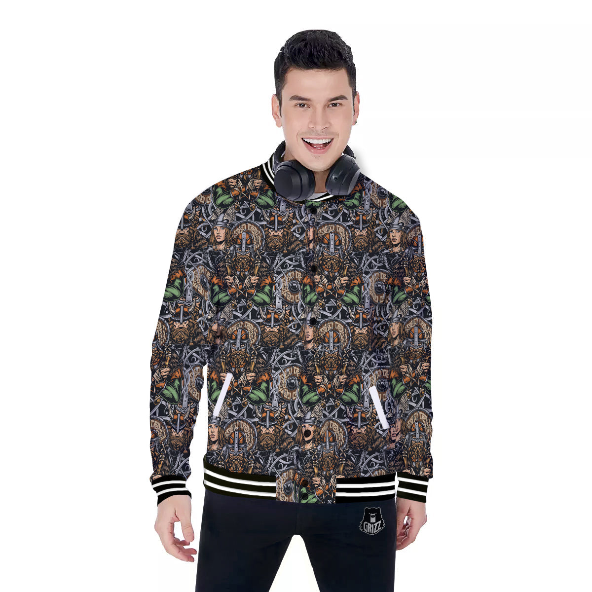 Viking Nordic Warriors Print Pattern Baseball Jacket-grizzshop