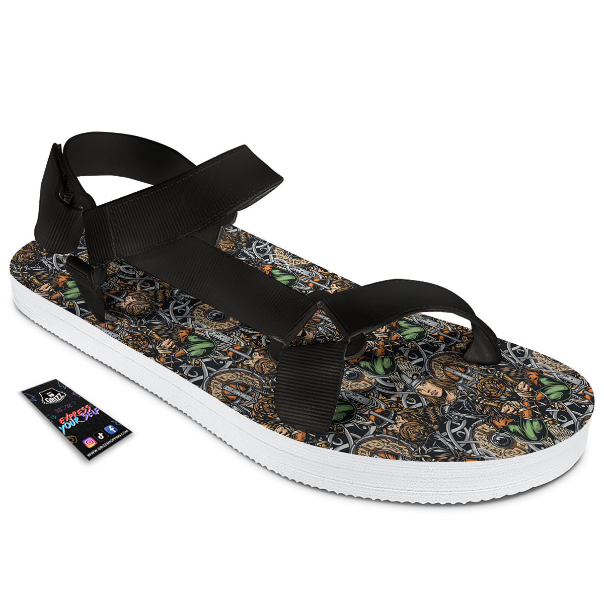 Viking Nordic Warriors Print Pattern Black Open Toe Sandals-grizzshop