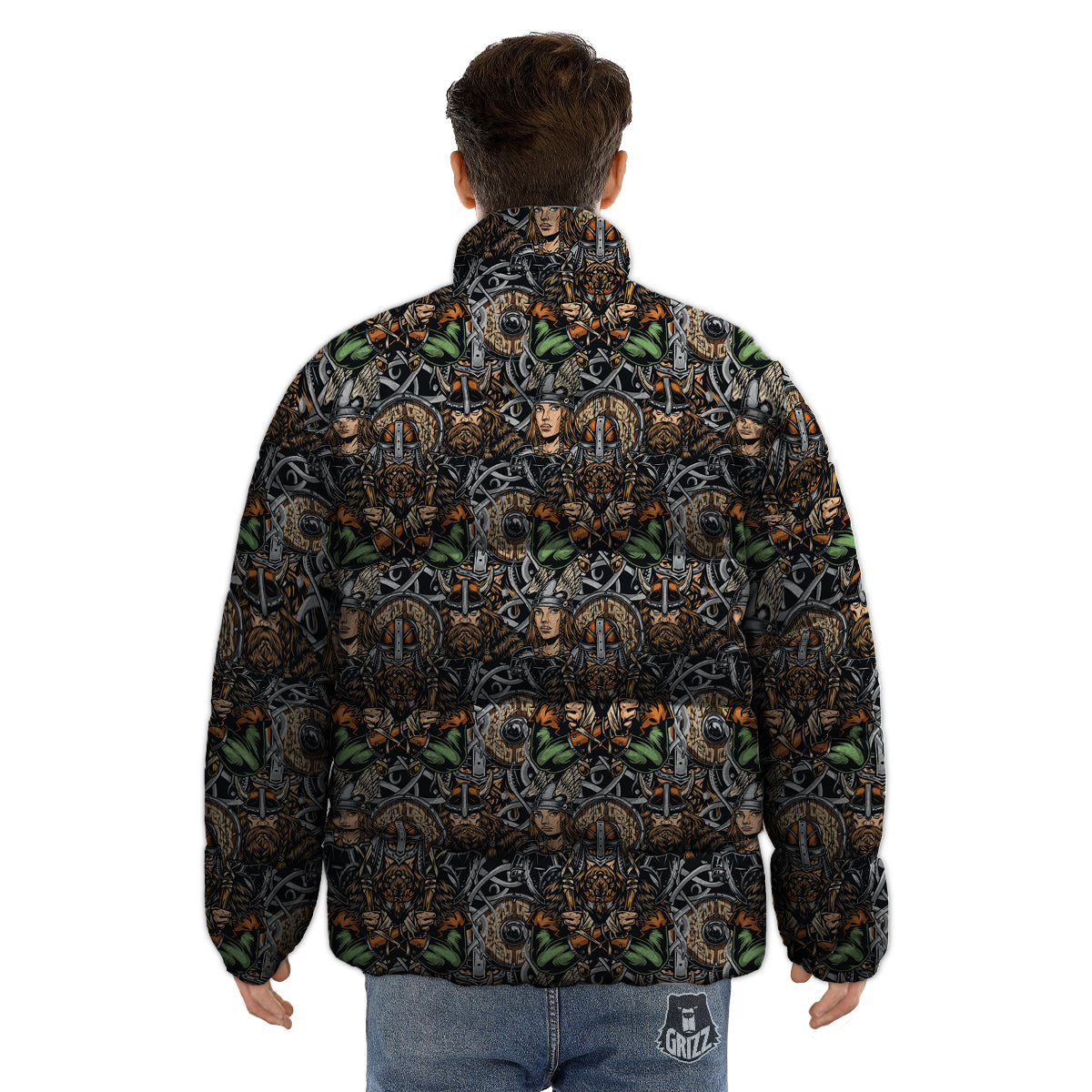Viking Nordic Warriors Print Pattern Puffer Jacket-grizzshop