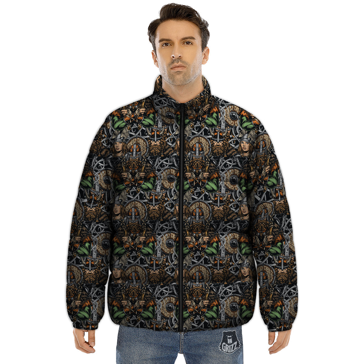 Viking Nordic Warriors Print Pattern Puffer Jacket-grizzshop