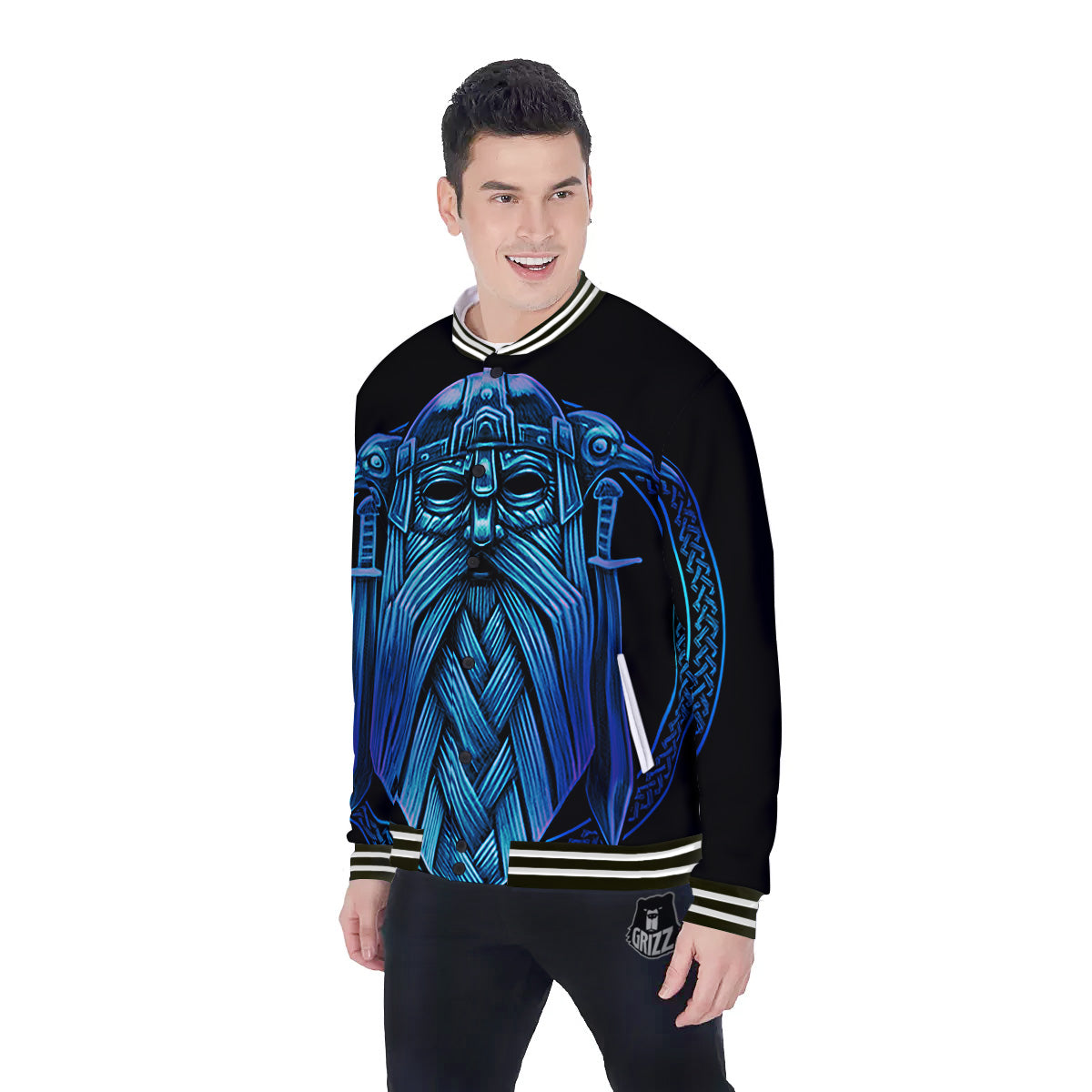 Viking Norse God Odin Blue Print Baseball Jacket-grizzshop