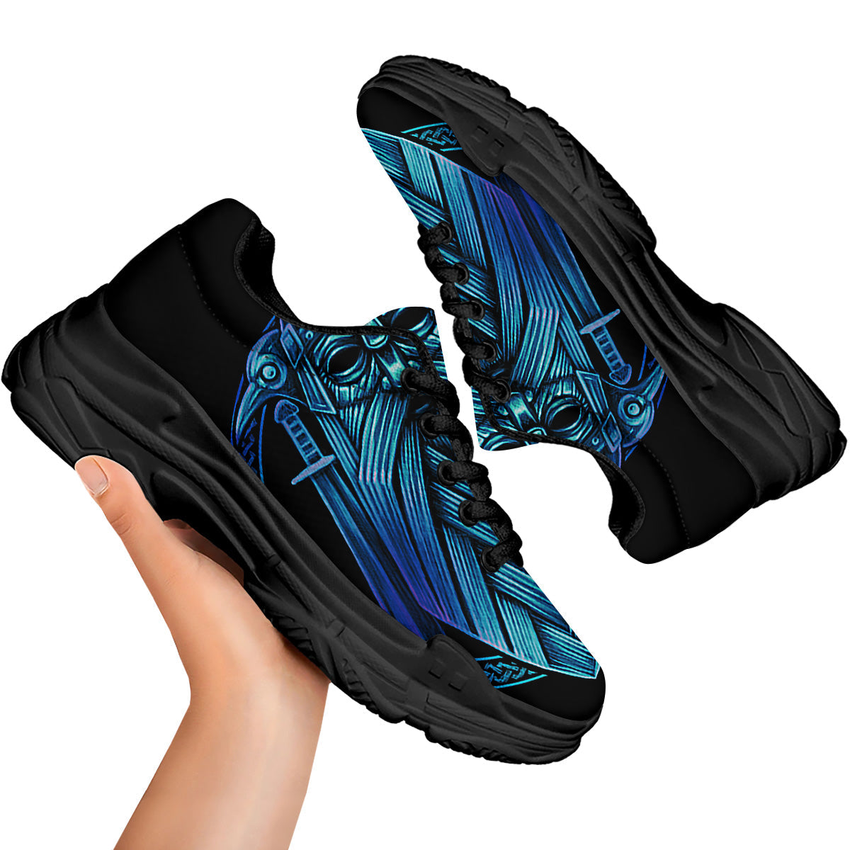 Viking Norse God Odin Blue Print Black Chunky Shoes-grizzshop