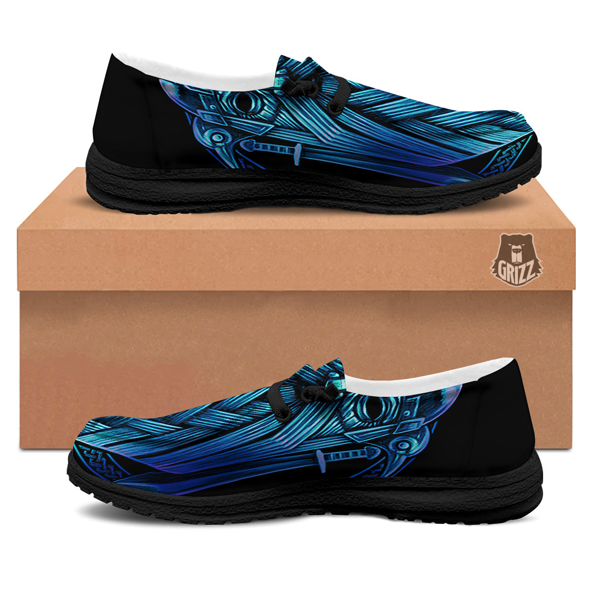 Viking Norse God Odin Blue Print Black Loafers-grizzshop