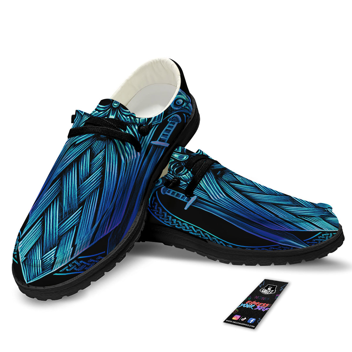 Viking Norse God Odin Blue Print Black Loafers-grizzshop