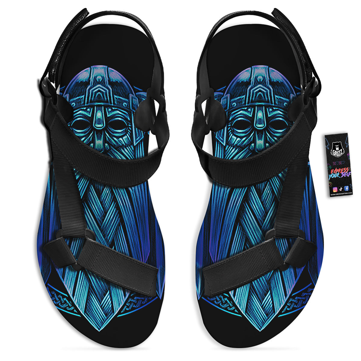 Viking Norse God Odin Blue Print Black Open Toe Sandals-grizzshop