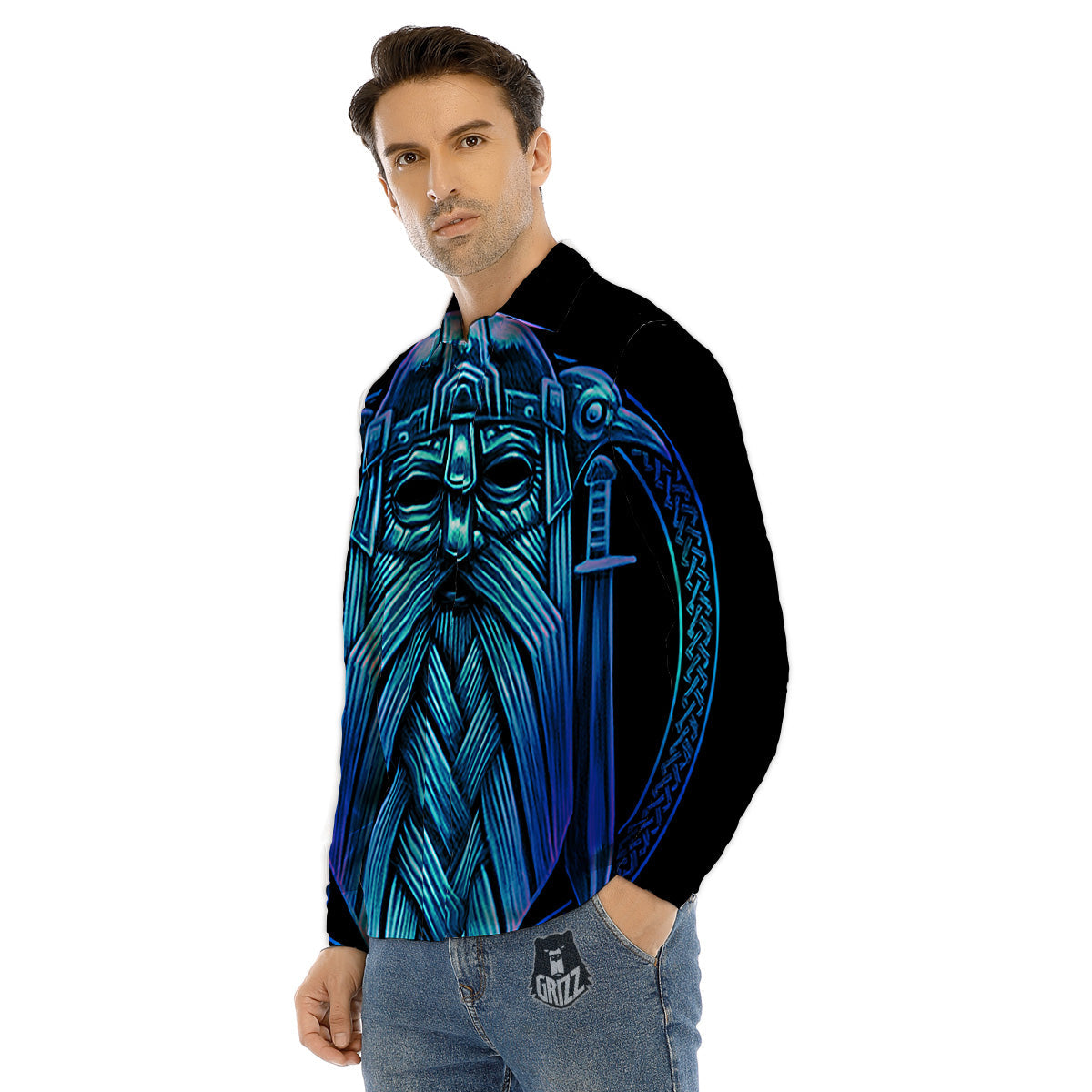 Viking Norse God Odin Blue Print Men's Dress Shirts-grizzshop