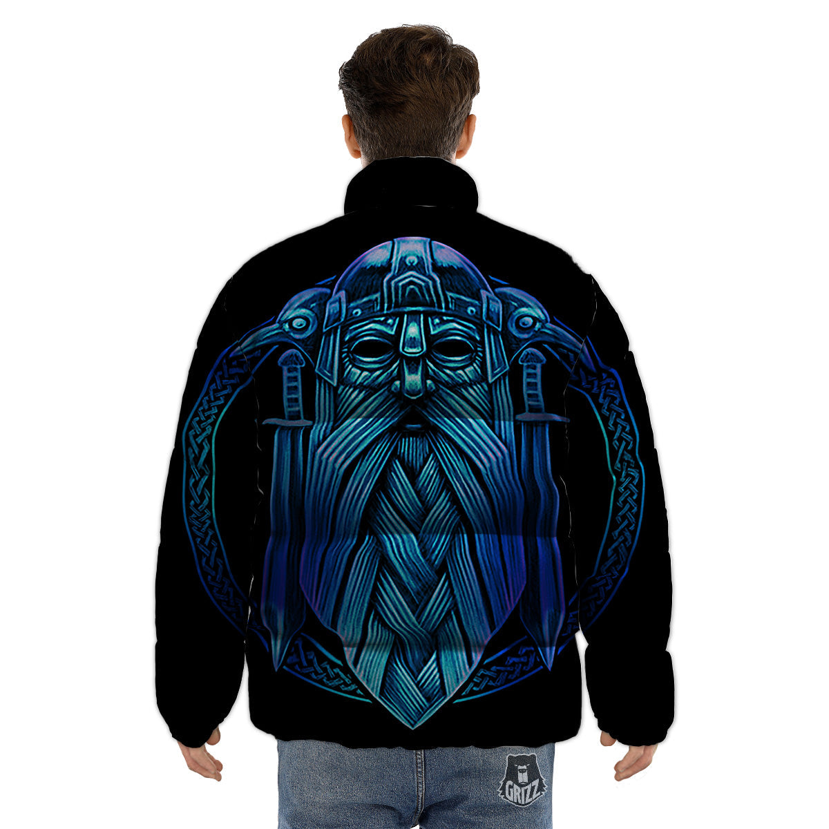 Viking Norse God Odin Blue Print Puffer Jacket-grizzshop