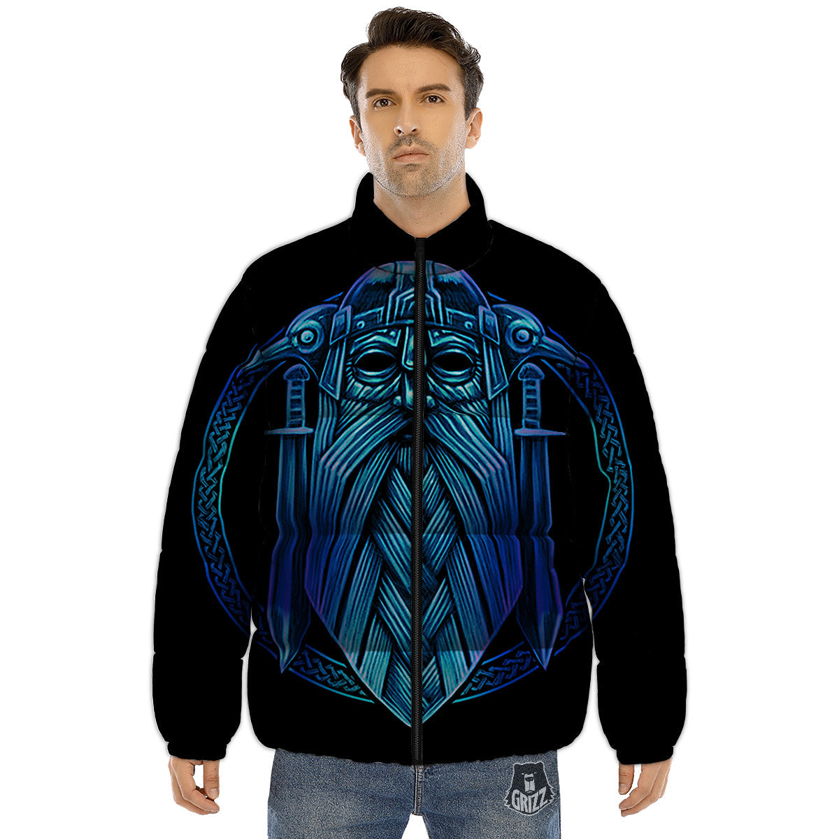 Viking Norse God Odin Blue Print Puffer Jacket-grizzshop