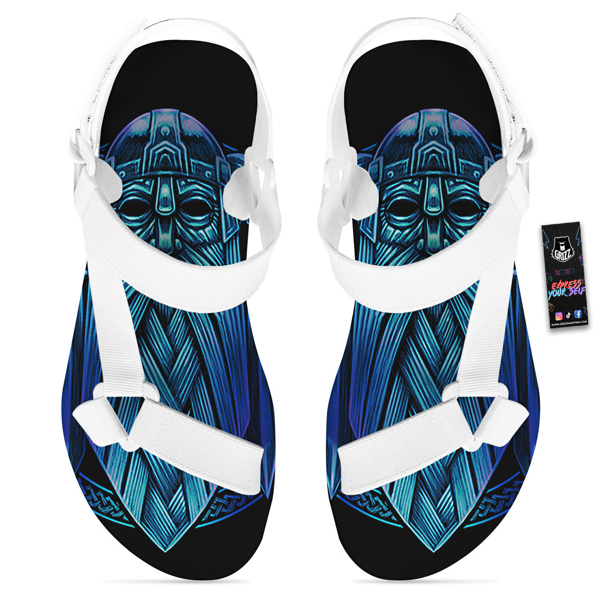 Viking Norse God Odin Blue Print White Open Toe Sandals-grizzshop
