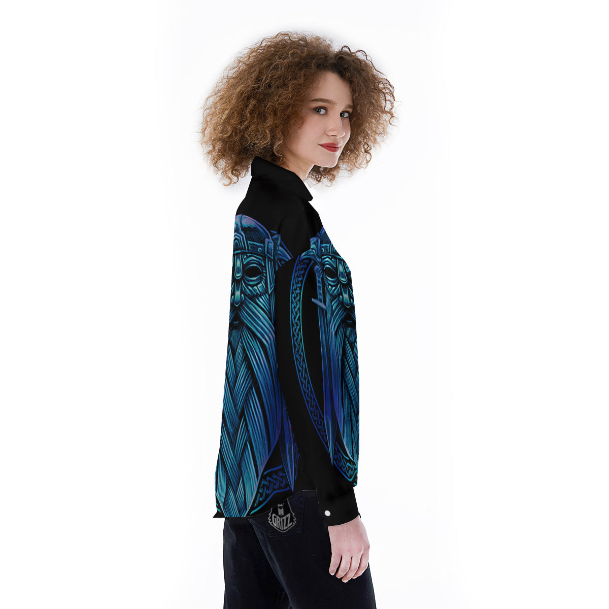Viking Norse God Odin Blue Print Women's Long Sleeve Shirts-grizzshop