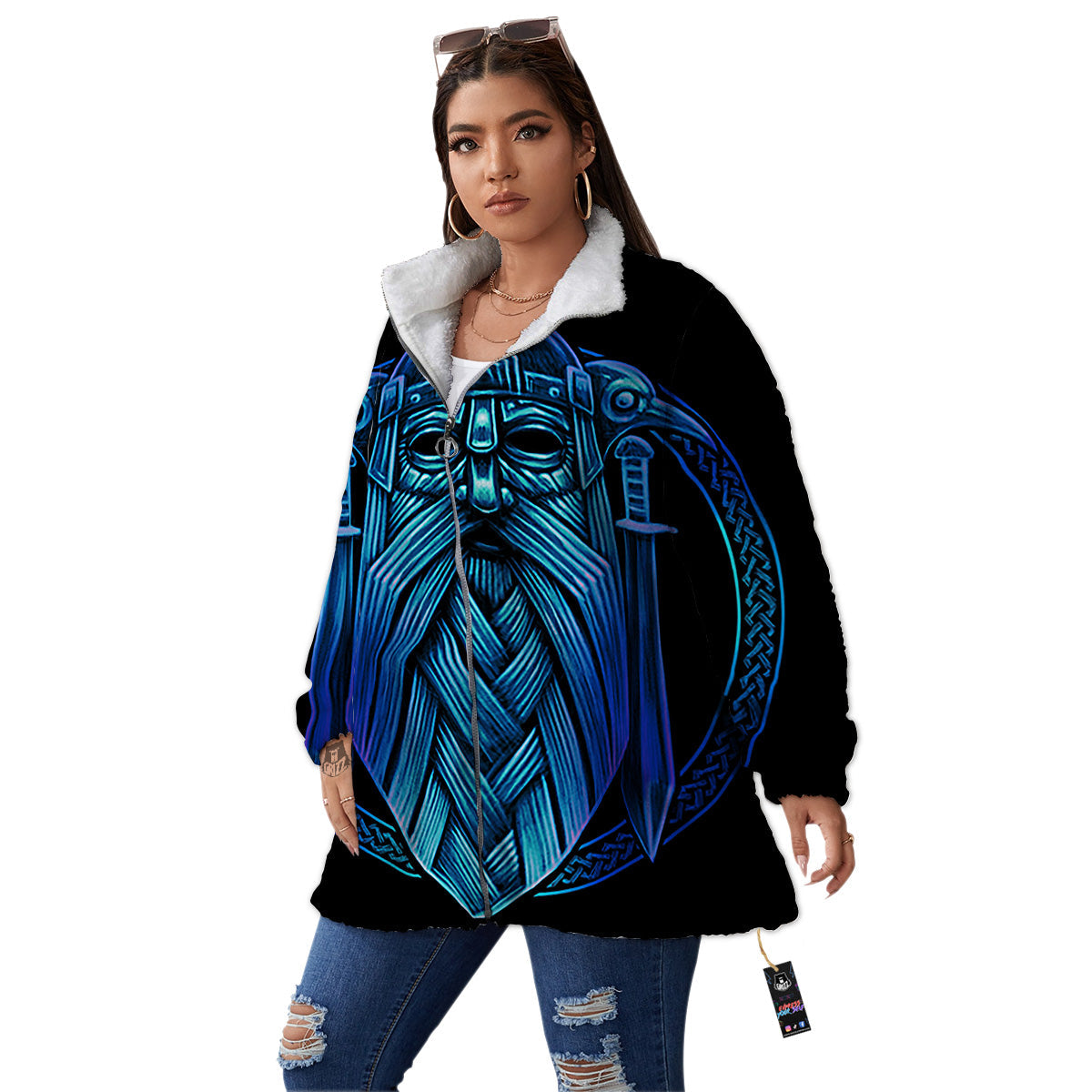 Viking Norse God Odin Blue Print Women's Sherpa Jacket-grizzshop