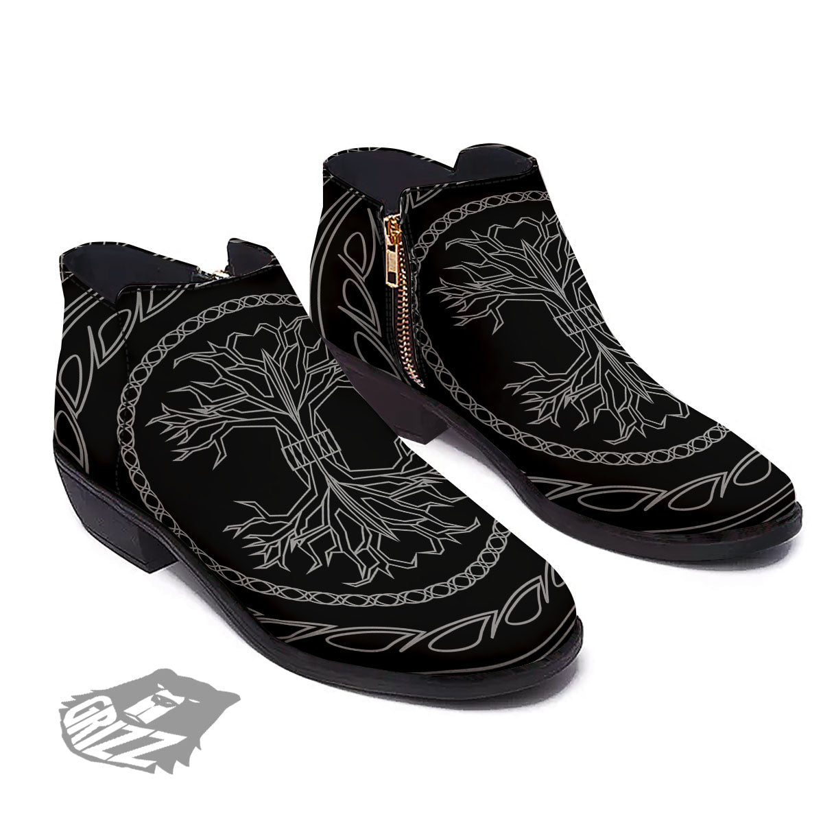 Viking Yggdrasil White And Black Print Ankle Boots-grizzshop