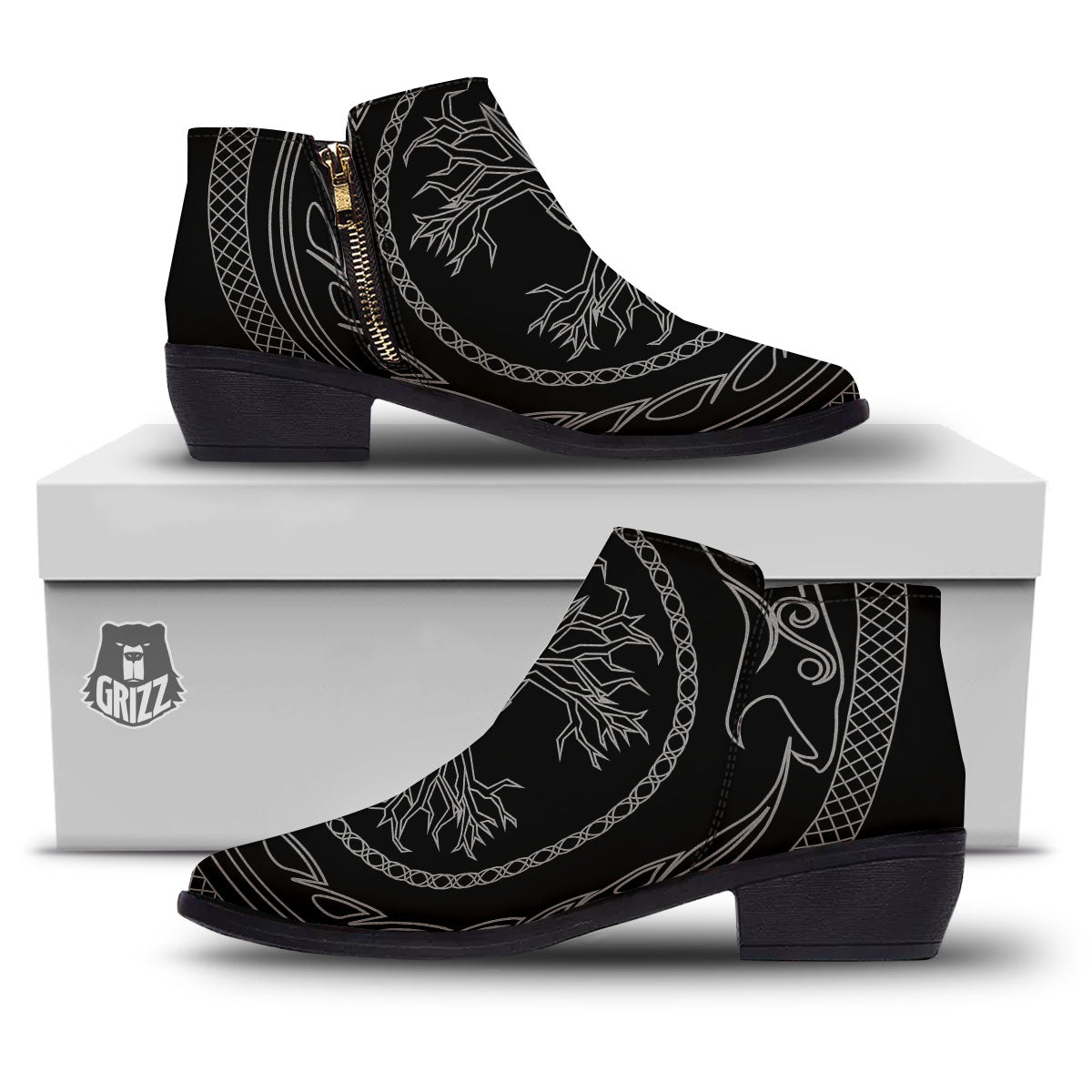 Viking Yggdrasil White And Black Print Ankle Boots-grizzshop