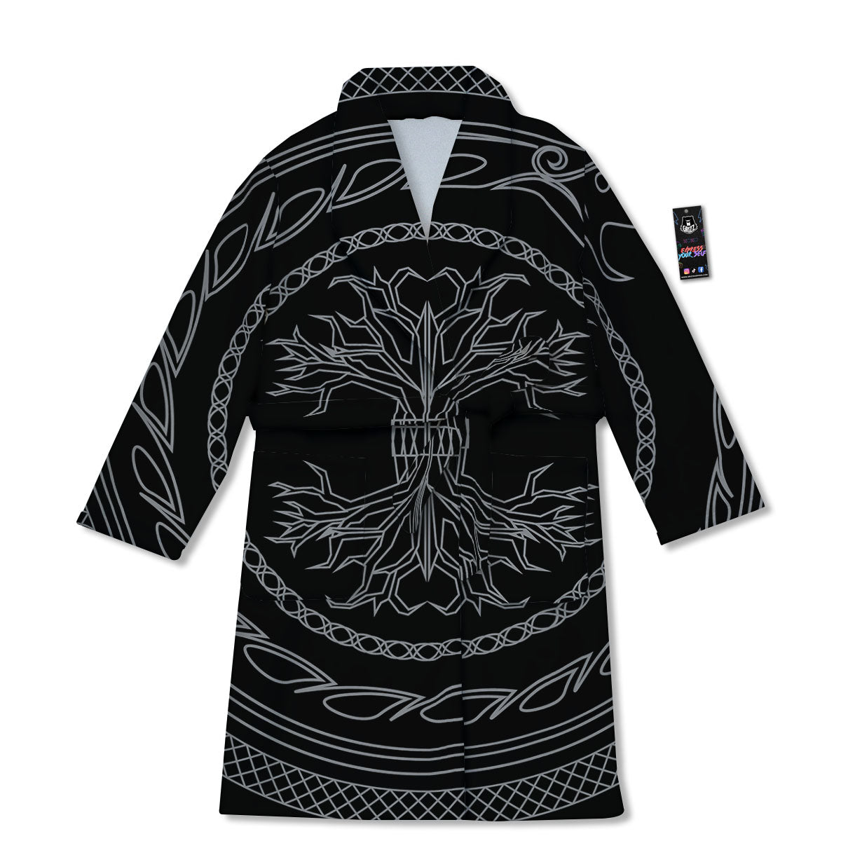 Viking Yggdrasil White And Black Print Bathrobe-grizzshop