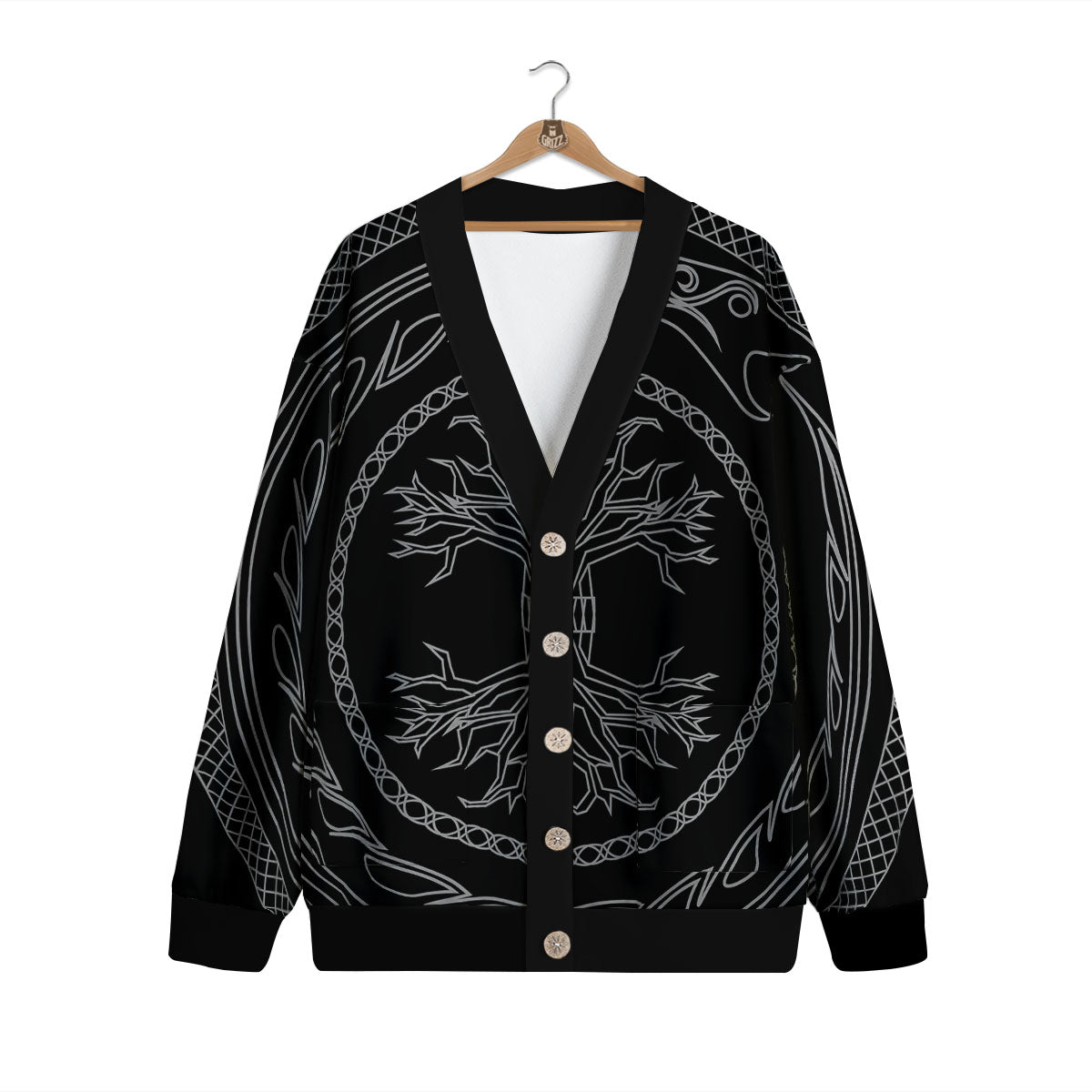 Viking Yggdrasil White And Black Print Cardigan-grizzshop