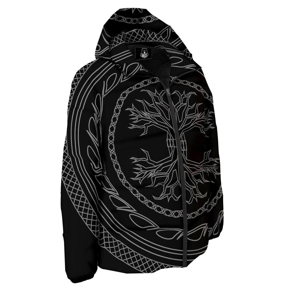 Viking Yggdrasil White And Black Print Down Jacket-grizzshop