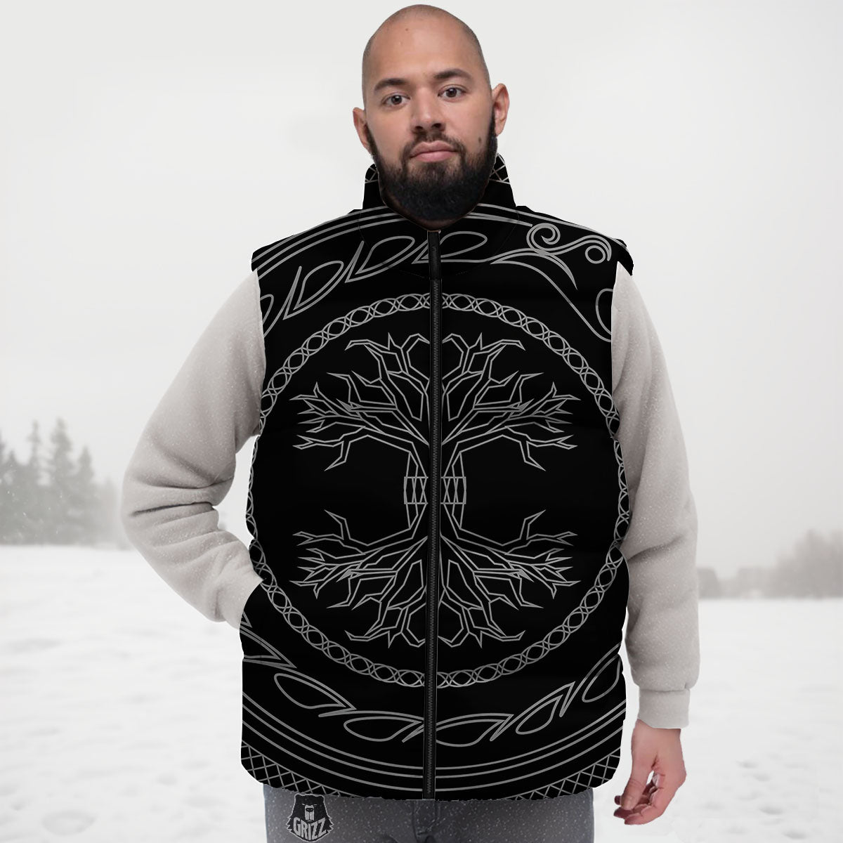Viking Yggdrasil White And Black Print Down Vest
