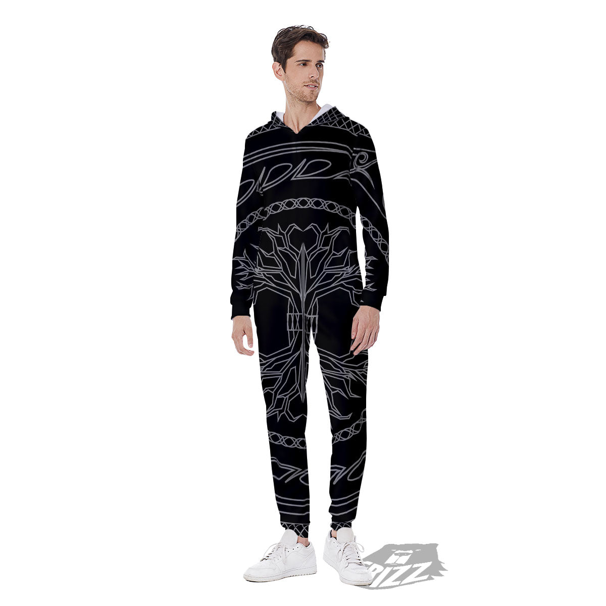 Viking Yggdrasil White And Black Print Men's Jumpsuit-grizzshop