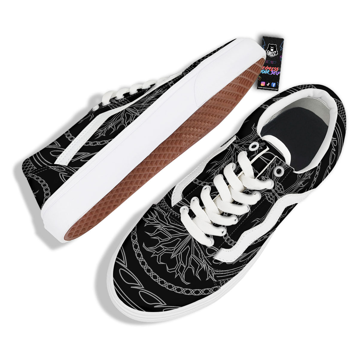 Viking Yggdrasil White And Black Print Skate Shoes-grizzshop