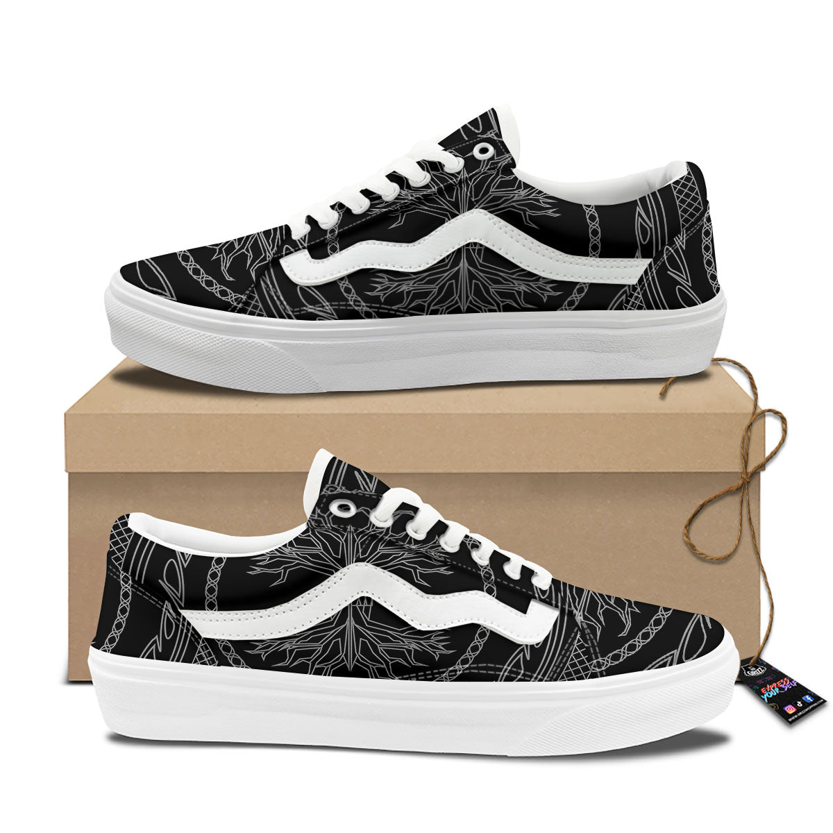 Viking Yggdrasil White And Black Print Skate Shoes-grizzshop