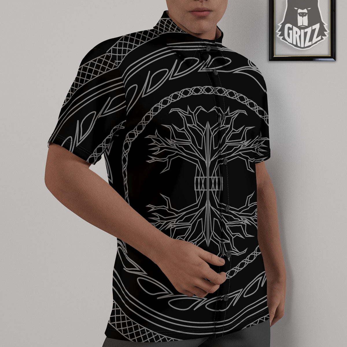 Viking Yggdrasil White And Black Print Untucked Shirts-grizzshop