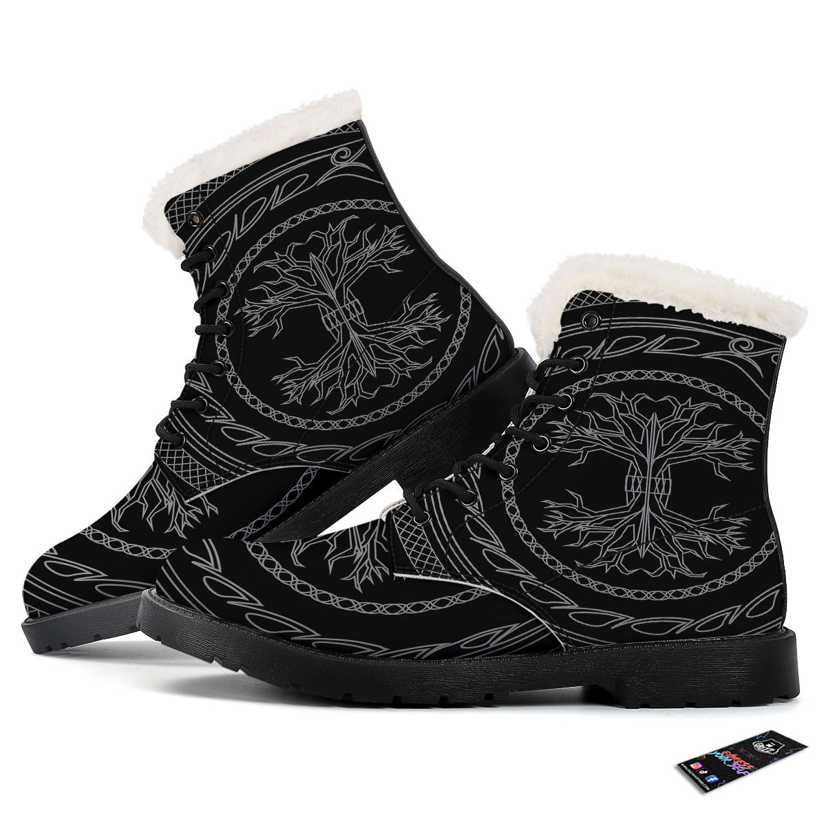 Viking Yggdrasil White And Black Print Winter Boots-grizzshop