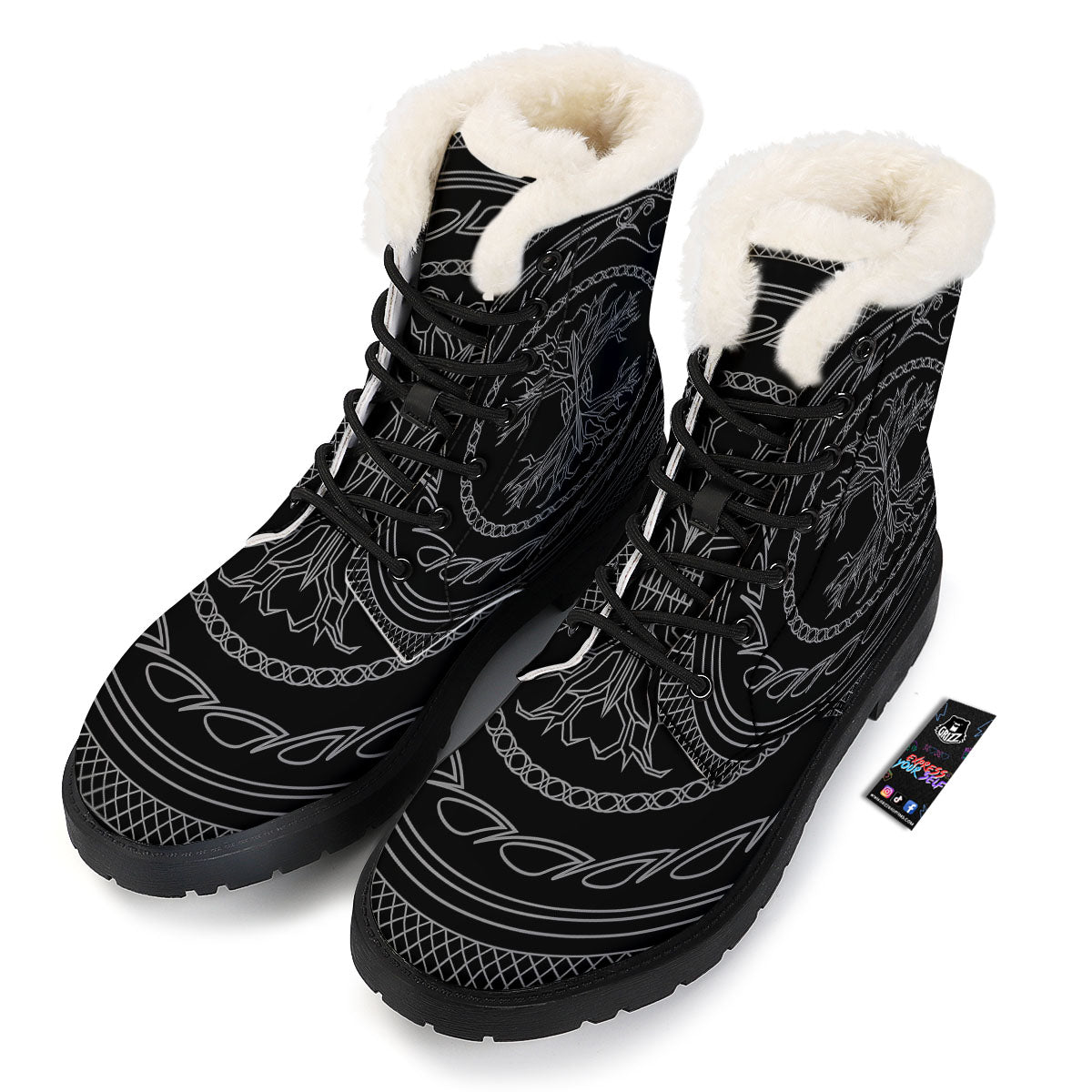 Viking Yggdrasil White And Black Print Winter Boots-grizzshop