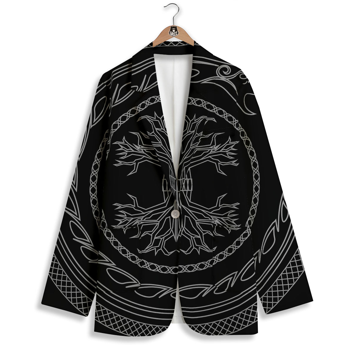 Viking Yggdrasil White And Black Print Women's Blazer-grizzshop