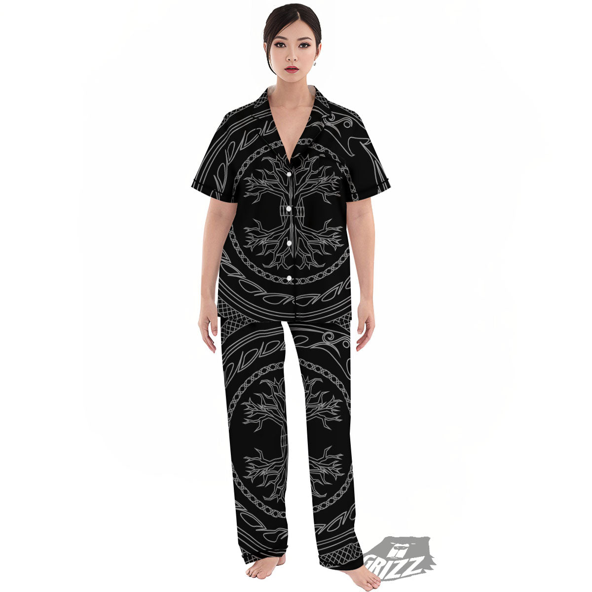 Viking Yggdrasil White And Black Print Women's Pajamas Set-grizzshop