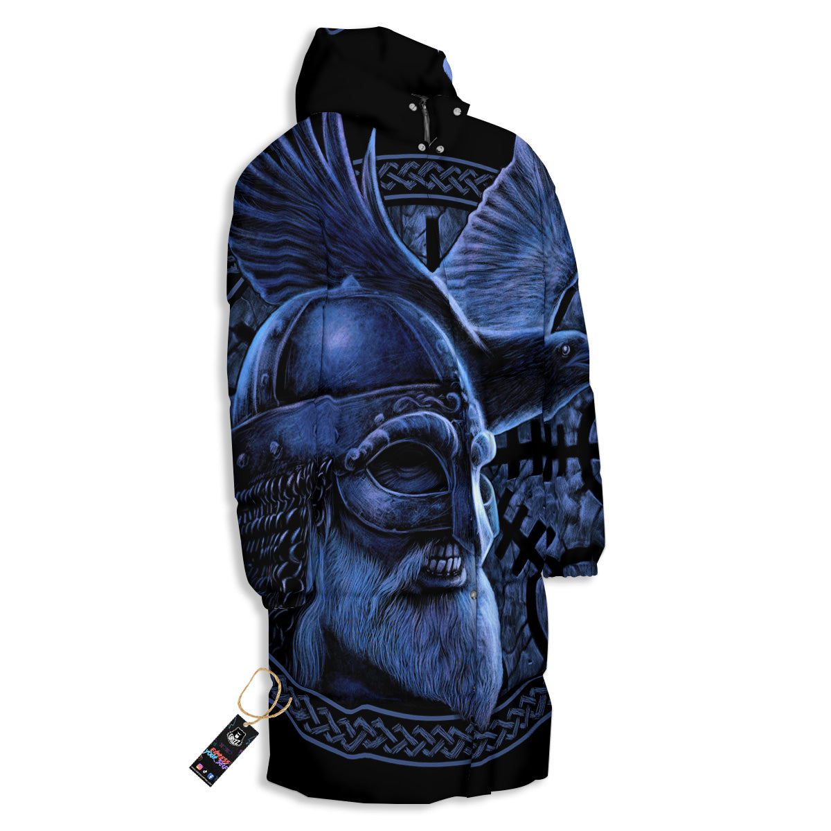 Viking God Odin And Crow Blue Print Long Down Jacket