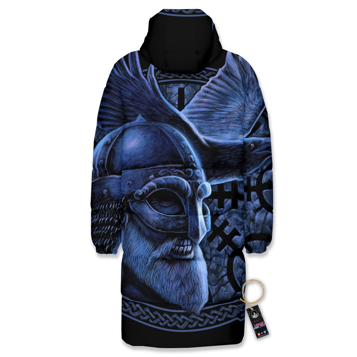 Viking God Odin And Crow Blue Print Long Down Jacket