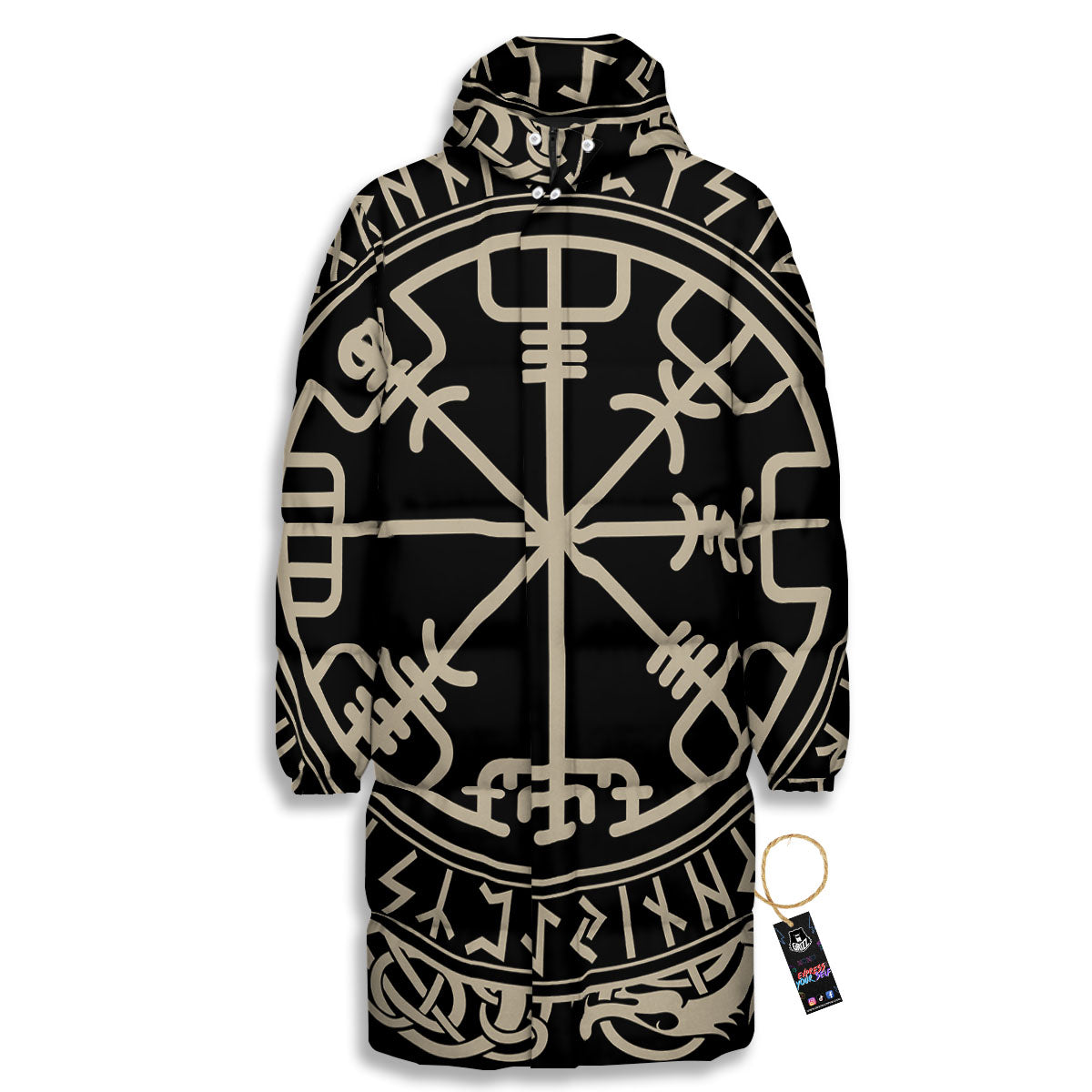 Viking Helm Of Terror Scandinavian Print Long Down Jacket
