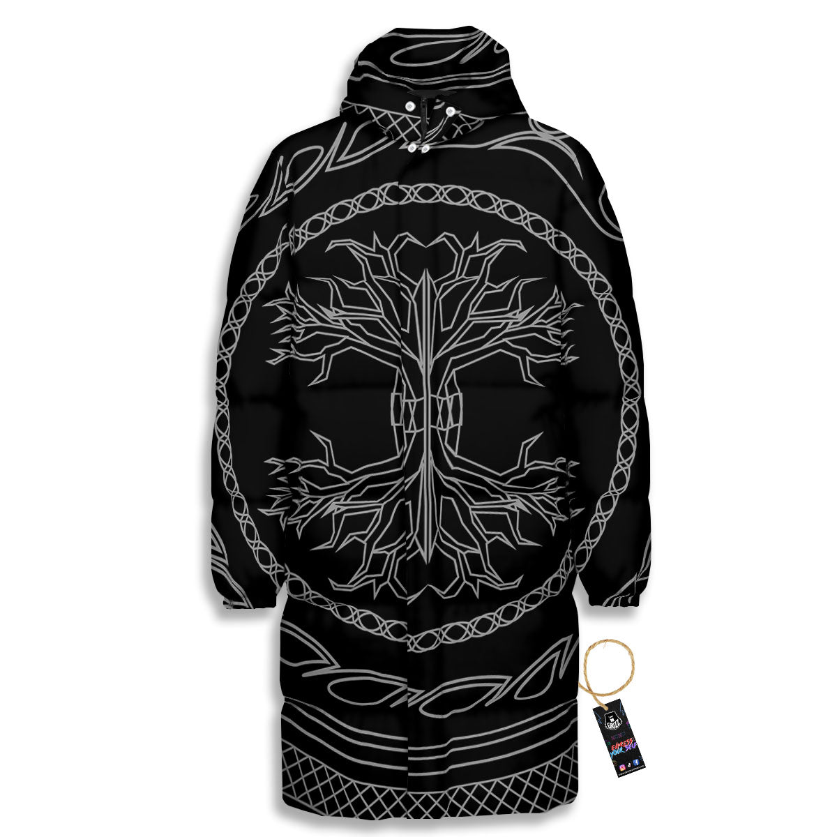 Viking Yggdrasil White And Black Print Long Down Jacket