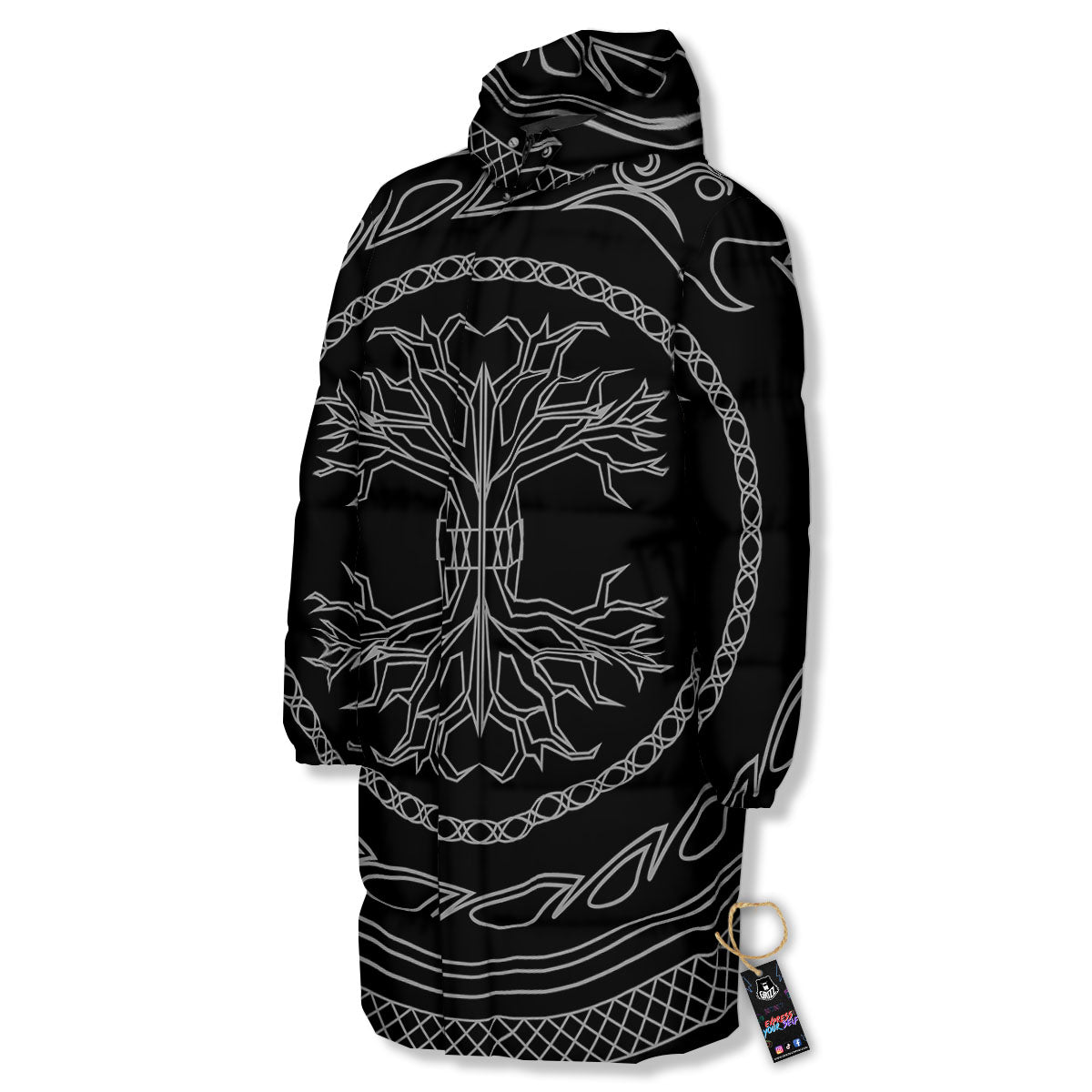 Viking Yggdrasil White And Black Print Long Down Jacket
