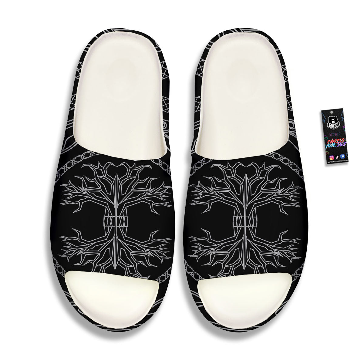 Viking Yggdrasil White And Black Print Sandals-grizzshop