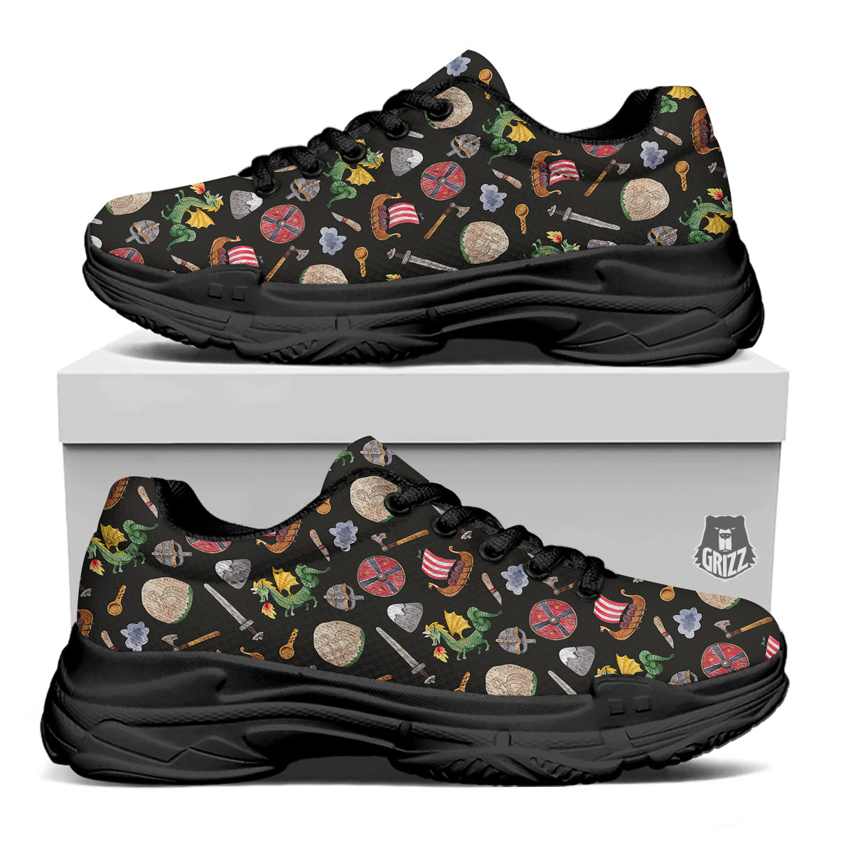 Vikings Watercolor Cartoon Style Print Pattern Black Chunky Shoes-grizzshop