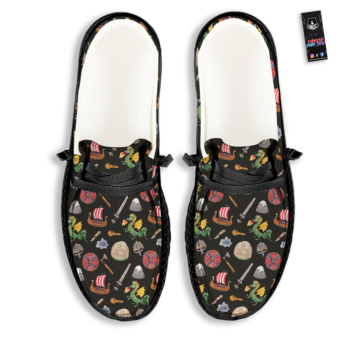 Vikings Watercolor Cartoon Style Print Pattern Black Loafers-grizzshop
